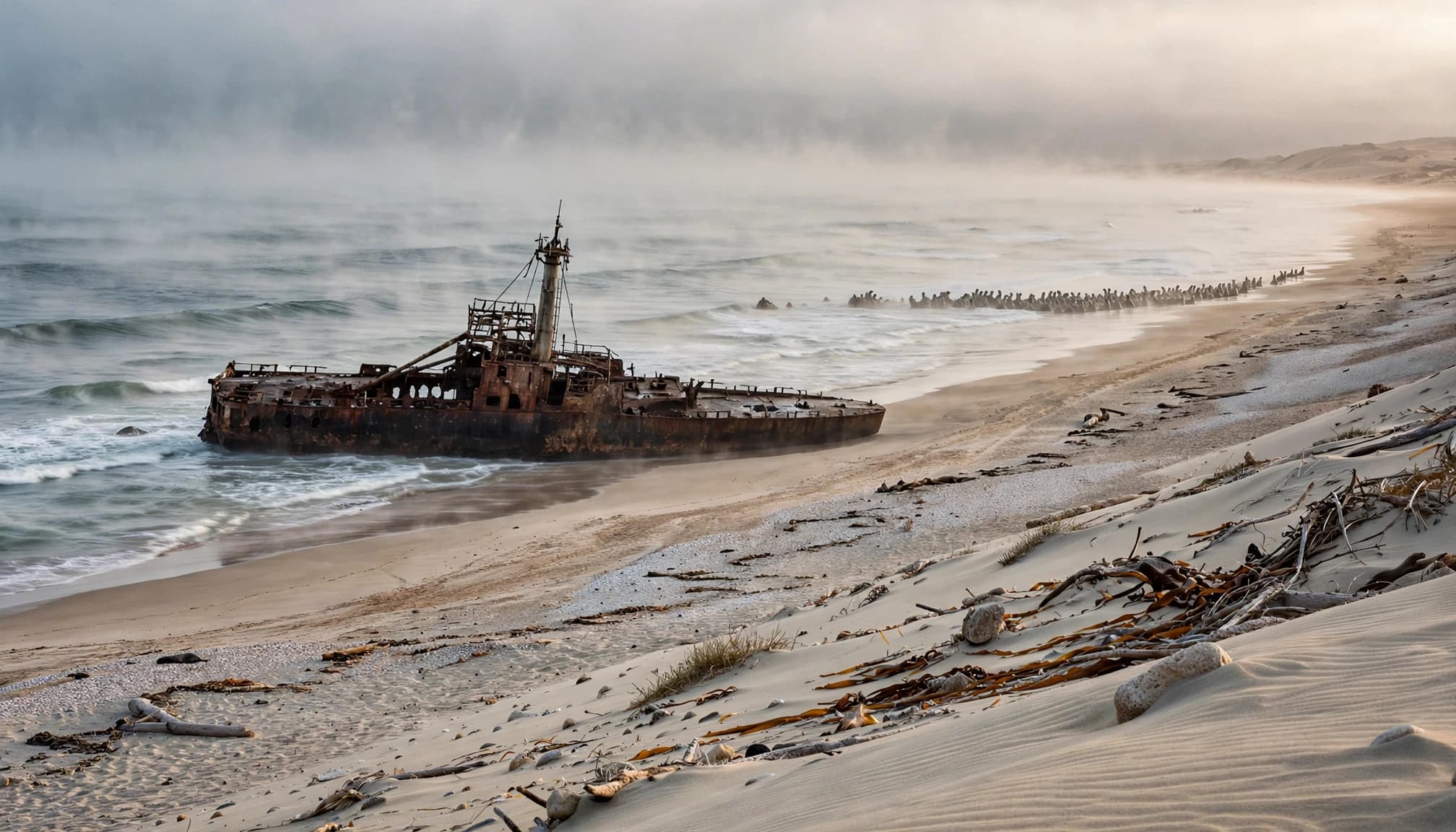 A rusted shipwreck on a misty beach with distant seals along the shoreline.