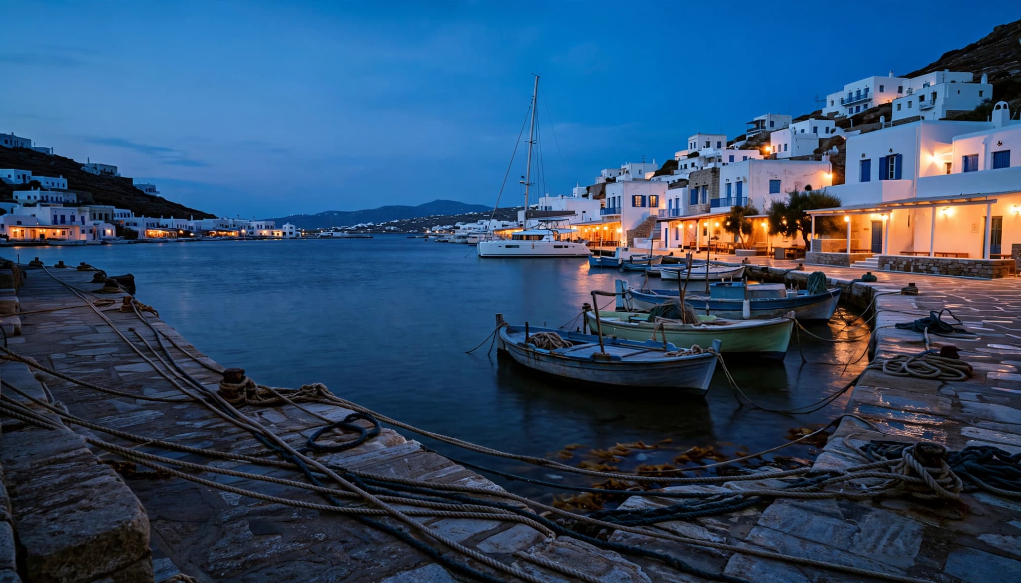 A catamaran anchored beyond a stone quay, with fishing boats and warmly lit waterfront buildings.