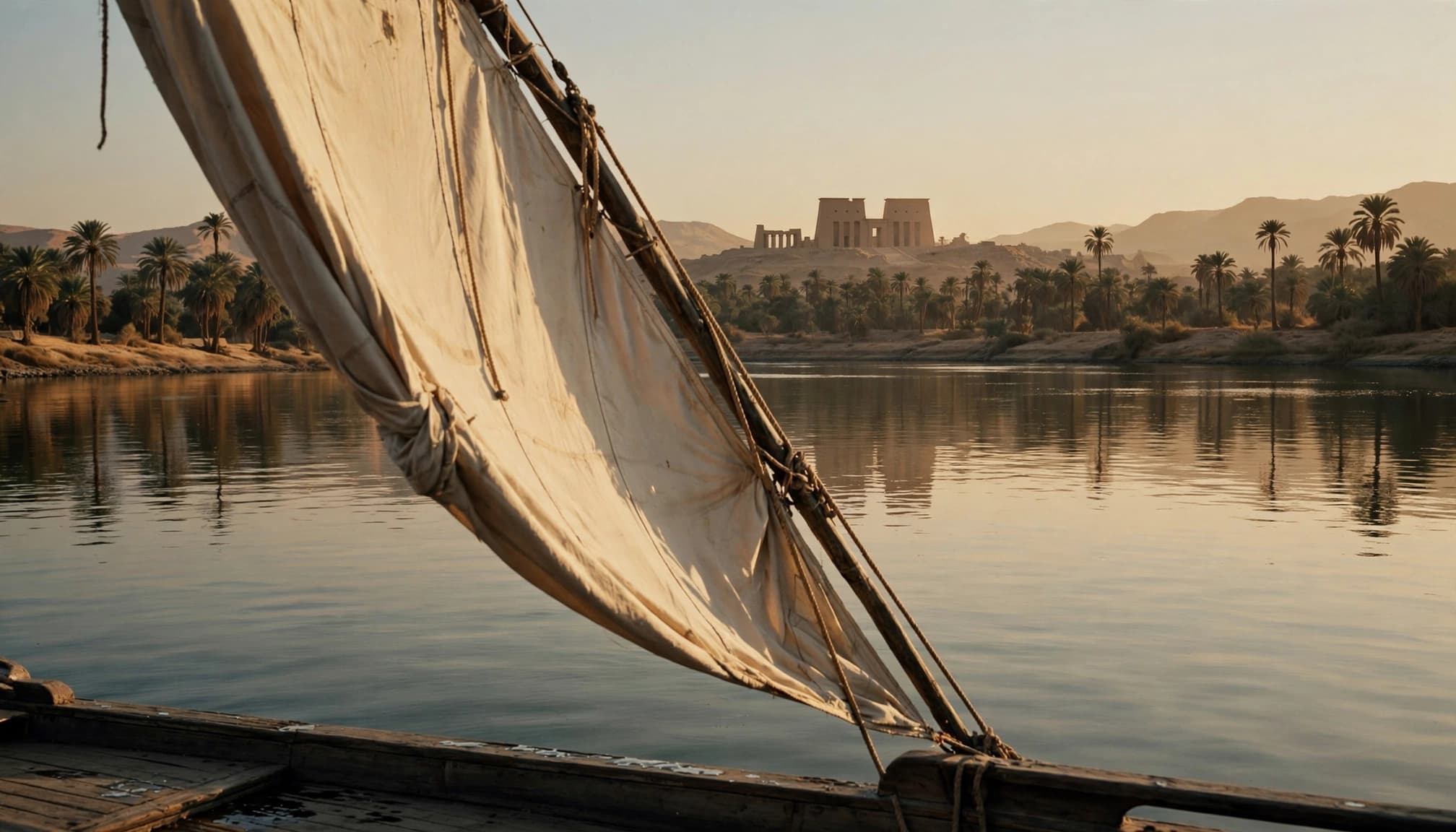 A sailing boat's lateen sail on the Nile river with an ancient temple silhouette on the distant bank.