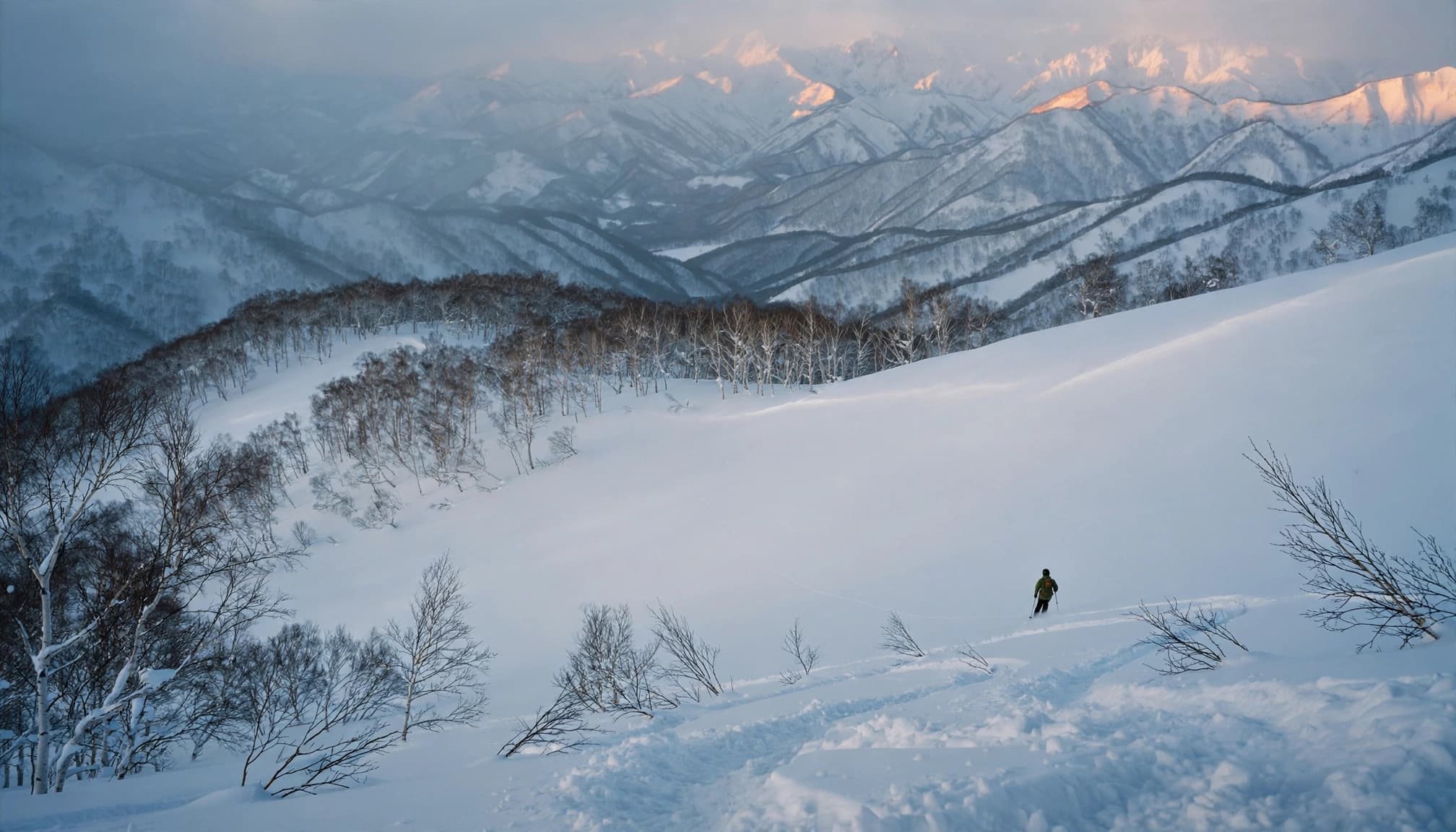 A lone skier on a snow-covered mountain slope with distant layered ridges.