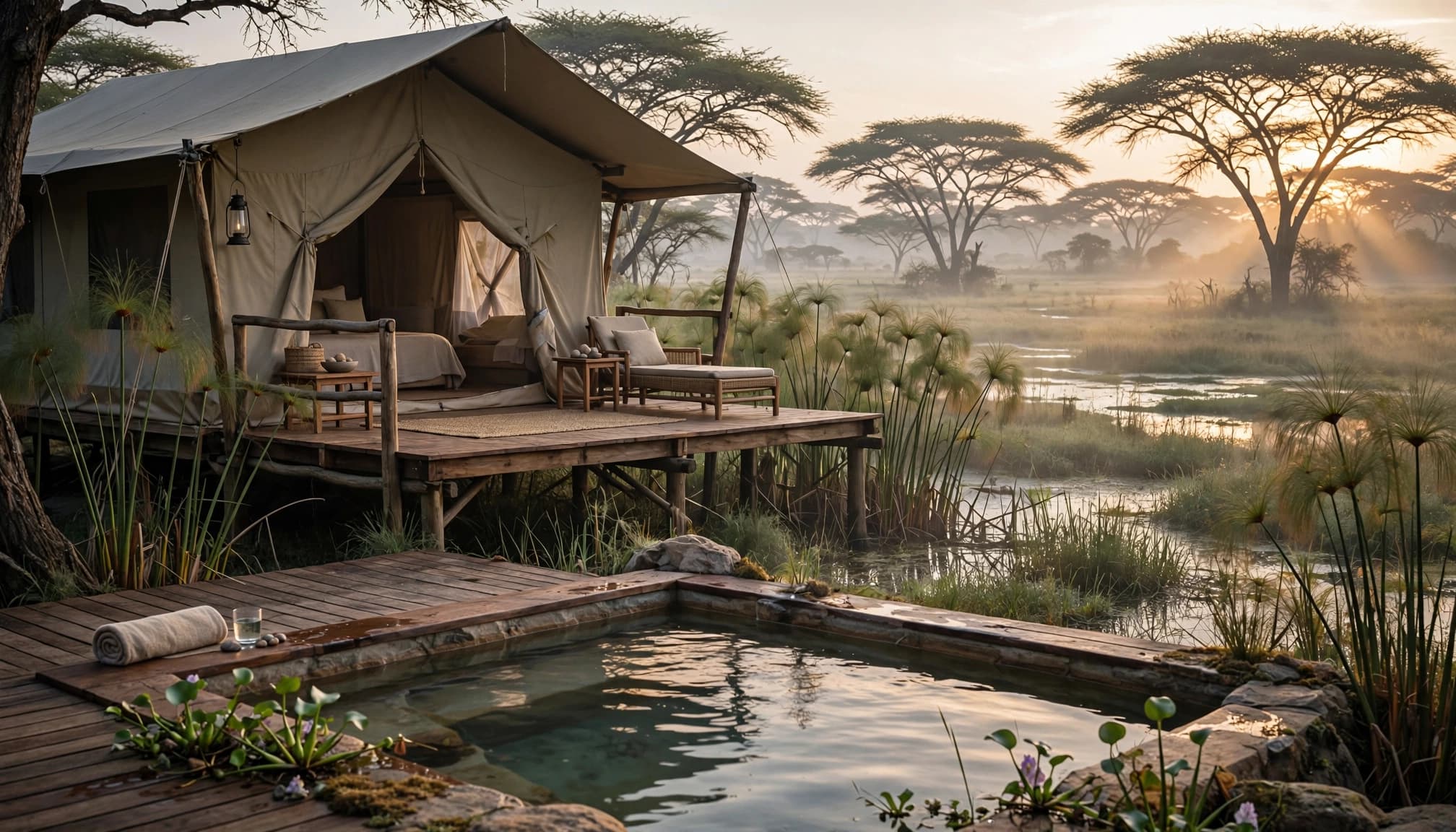 A raised canvas tent and plunge pool overlook misty wetlands at sunrise.