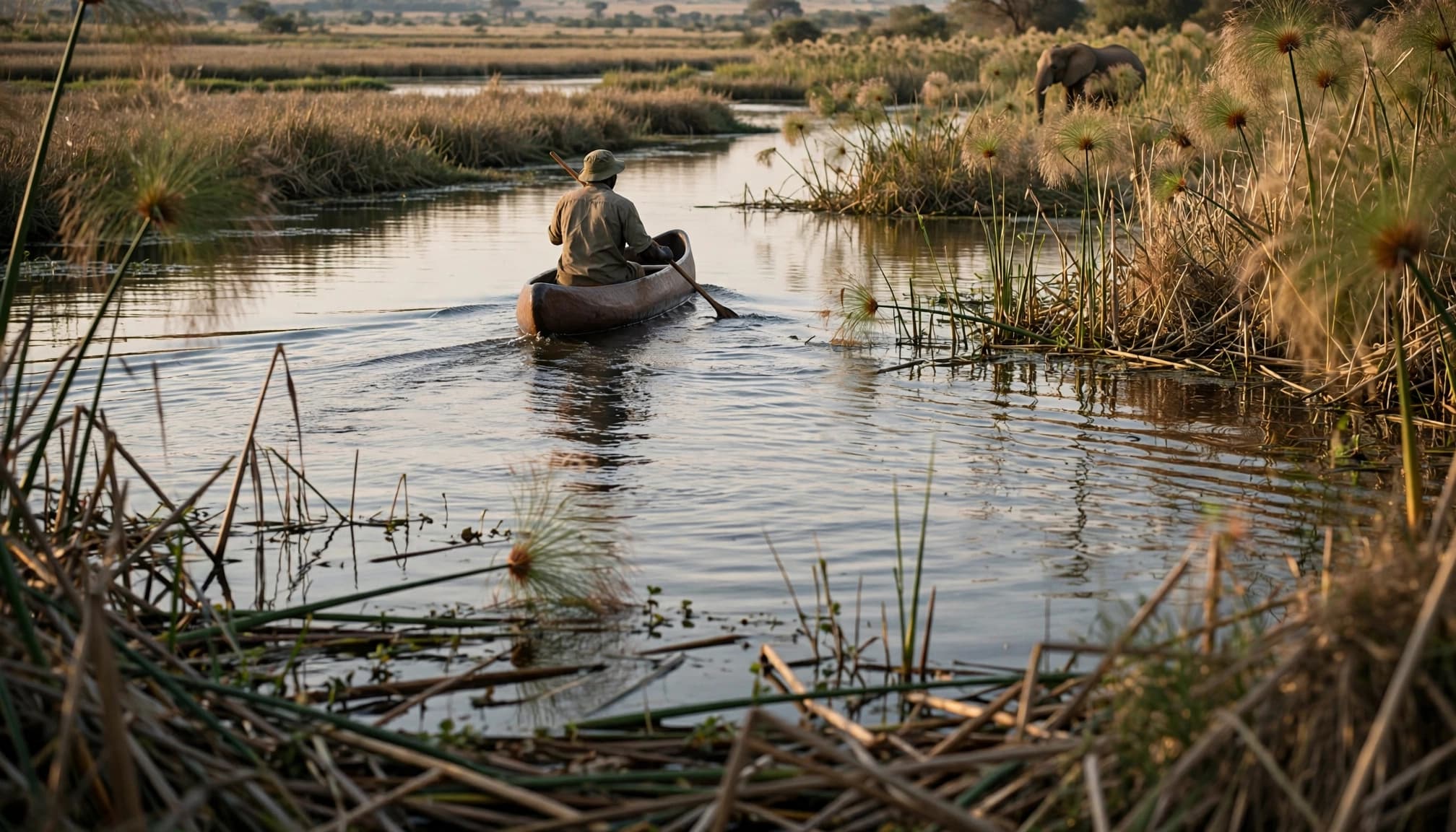 A guide poles a mokoro past reeds, with an elephant on the distant bank.
