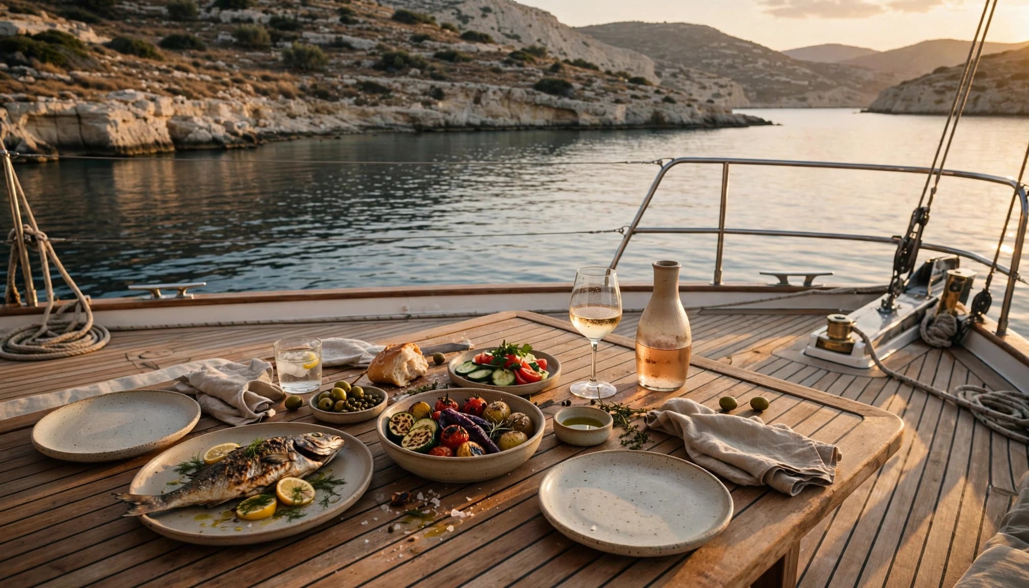 A yacht dinner table with grilled fish and vegetables overlooks a quiet bay at sunset.