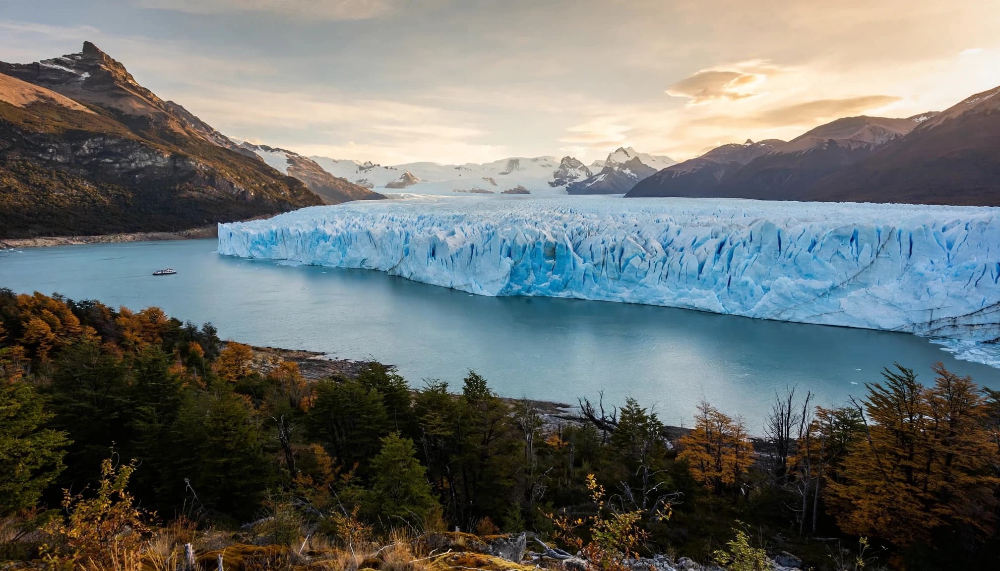 A wide view of the Perito Moreno Glacier filling a lake with a forest in the foreground and mountains behind.