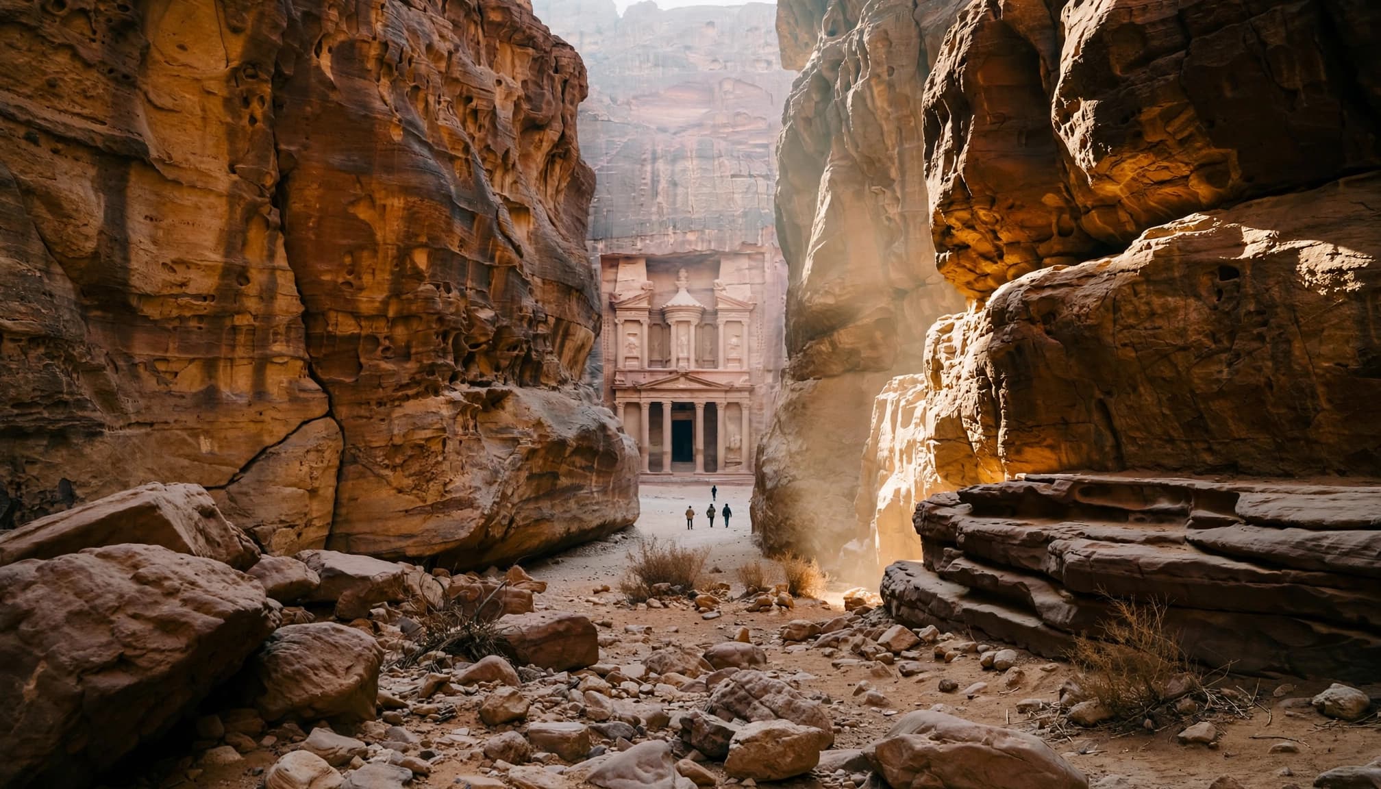 The Treasury at Petra framed by the narrow rock walls of the Siq with tiny visitors.