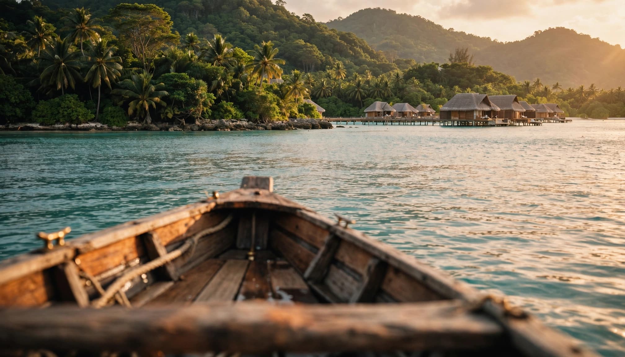 View from the bow of a wooden boat approaching tropical overwater bungalows.