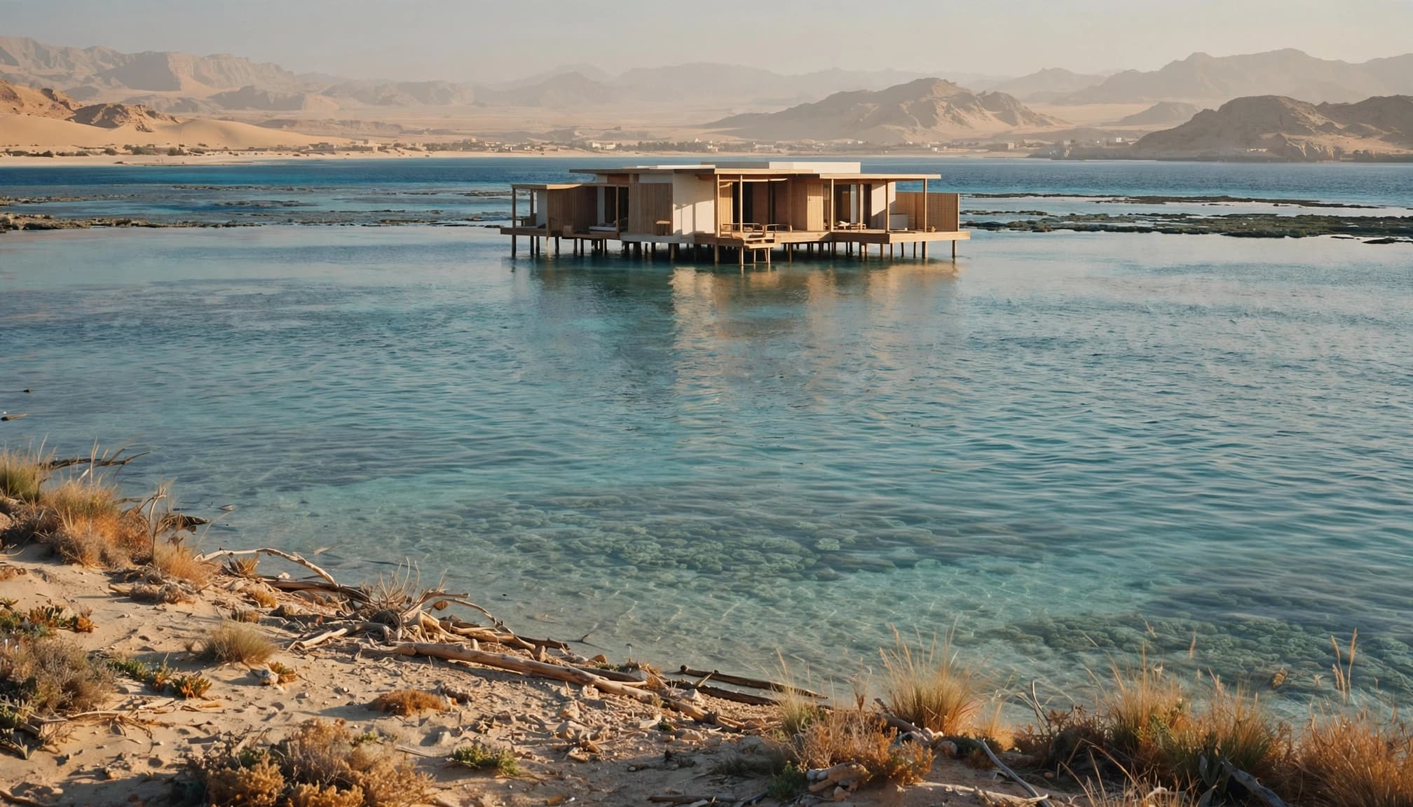 A modern villa on stilts in a turquoise lagoon with a sandy shore and distant desert mountains.