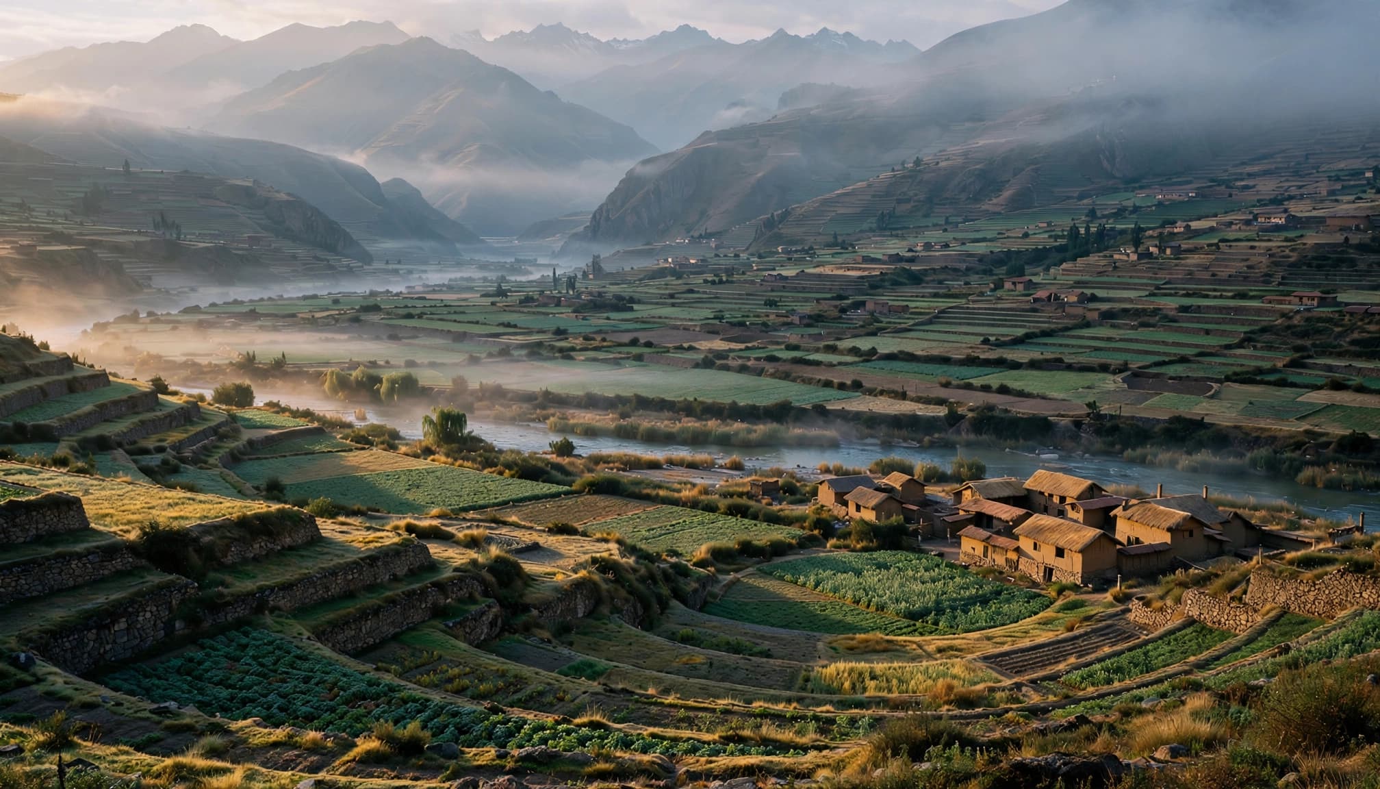 A wide-angle, misty morning view of green terraced mountains and a village along a river in Peru.