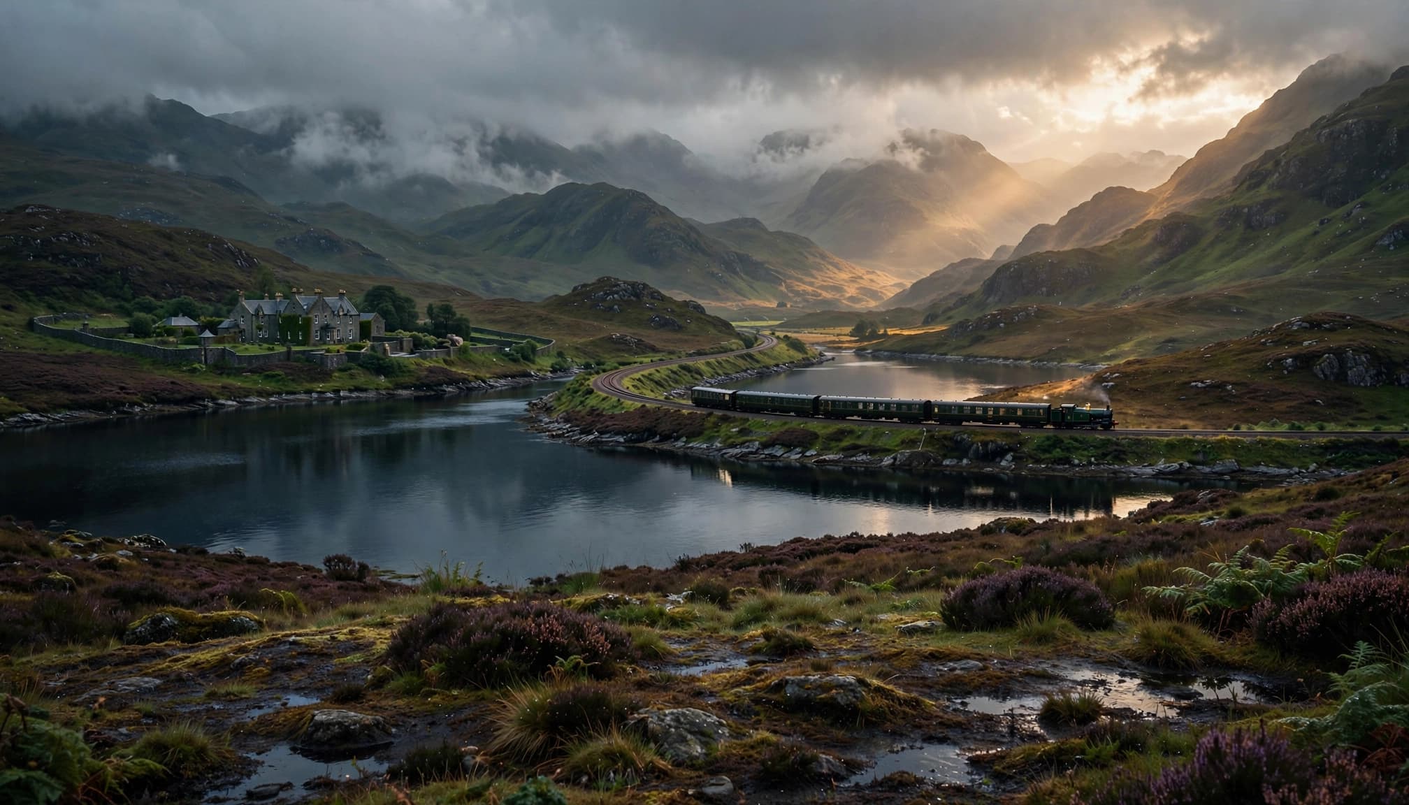 A small luxury train winds along a track beside a dark loch in the Scottish Highlands under cloudy, sunlit mountains.