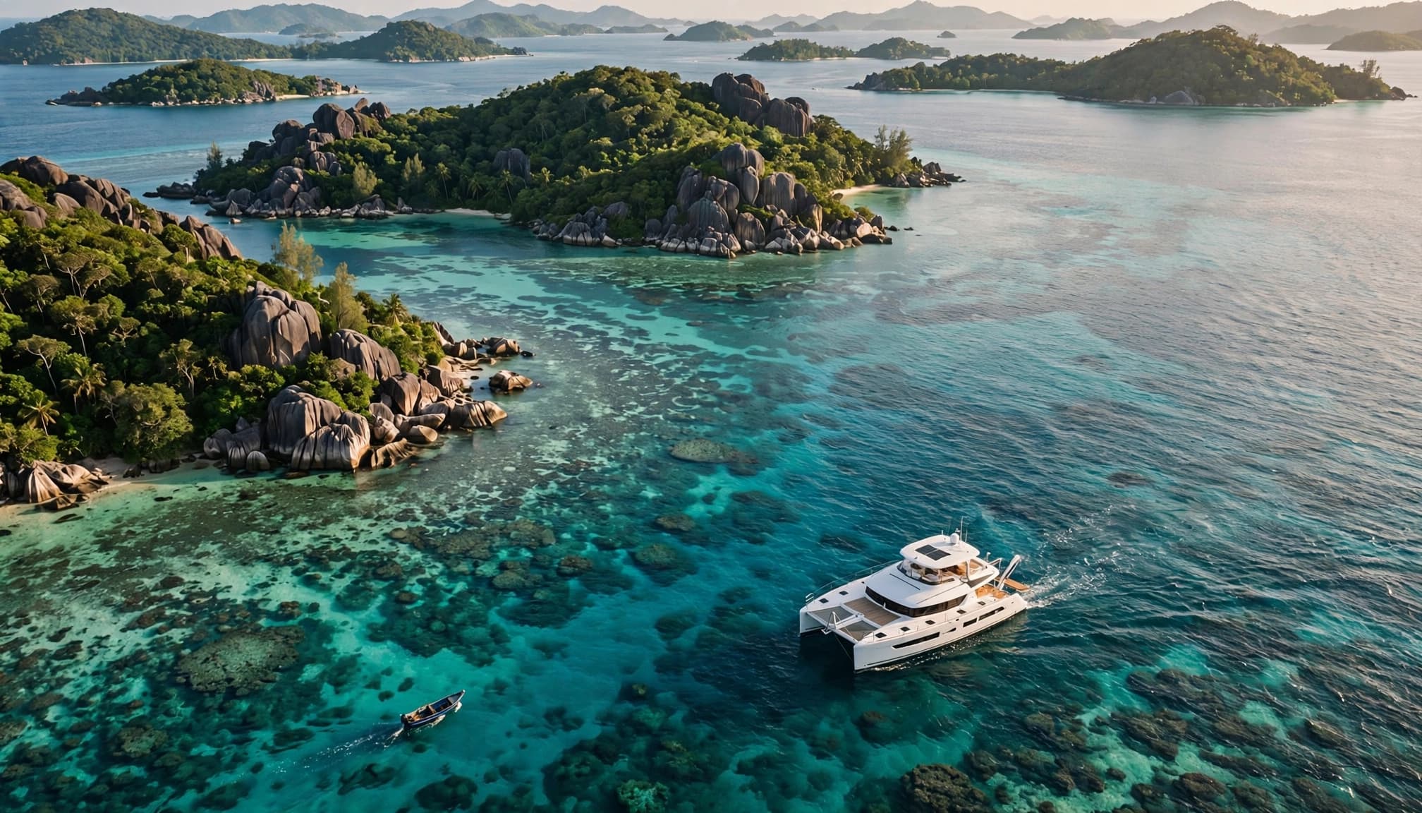 A catamaran cruises through emerald water near forested Seychelles islands.
