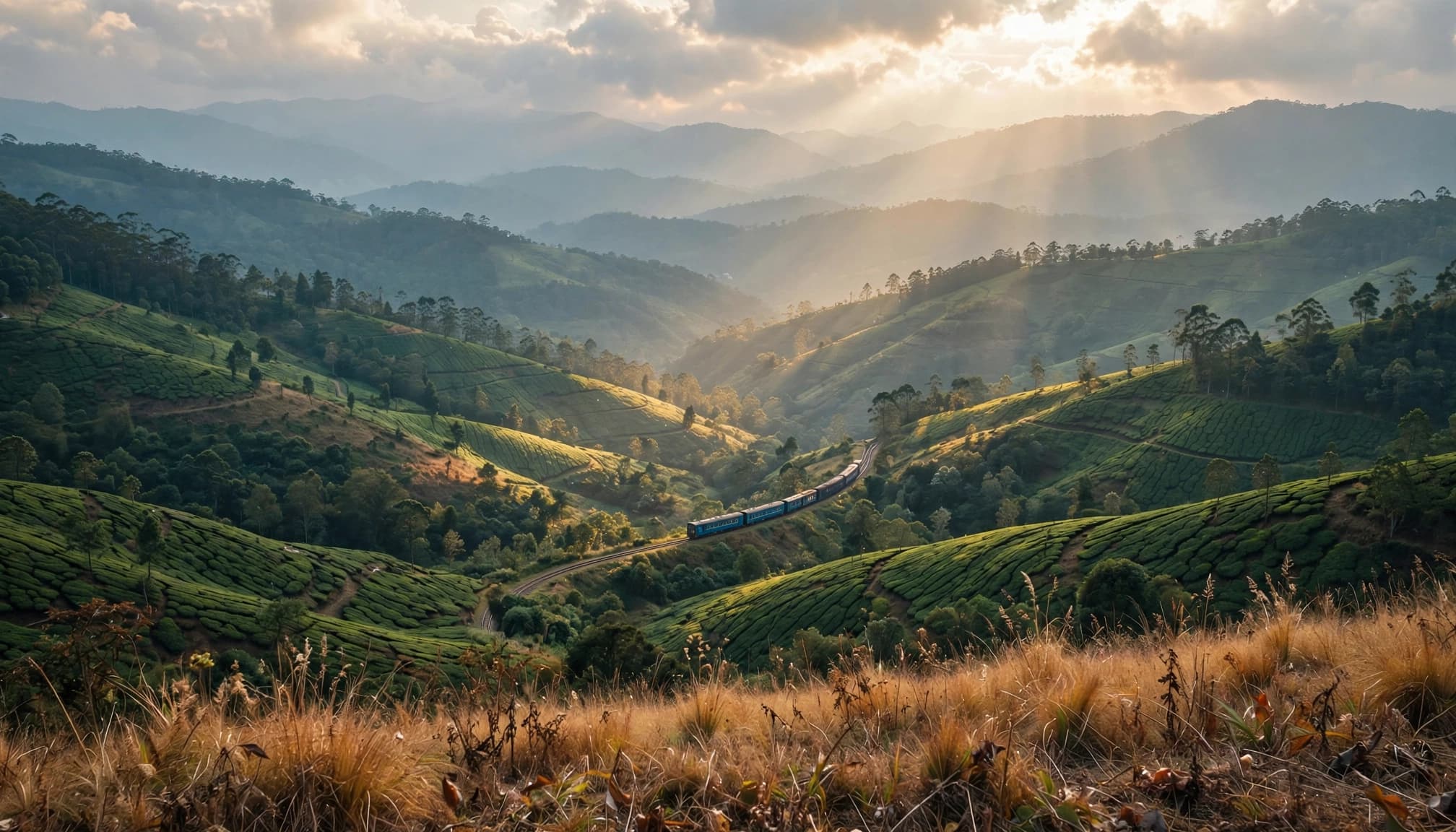 A blue train winds through lush, terraced green hills under a cloudy sky with sunbeams.