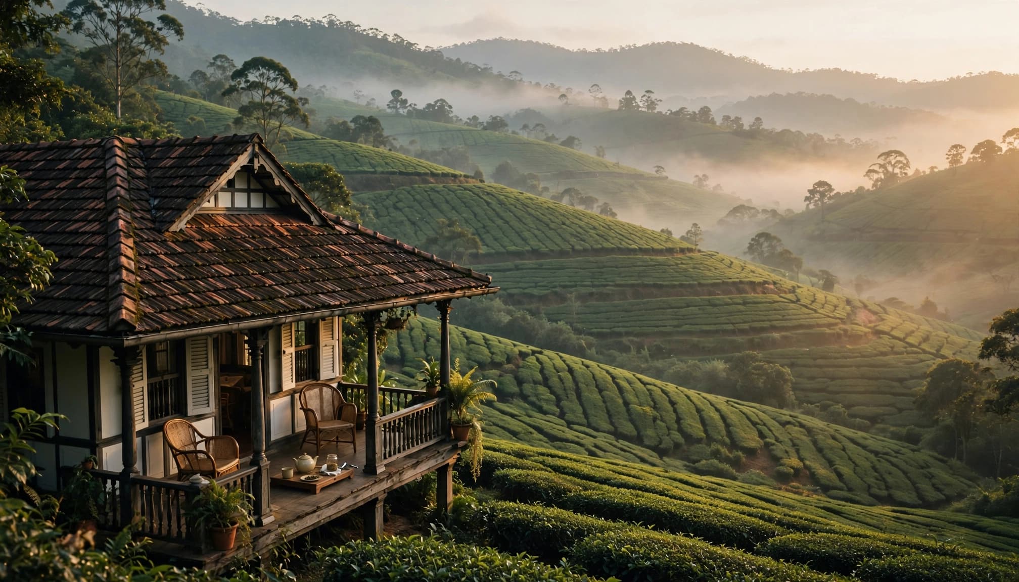 A colonial tea bungalow sits above terraced green tea fields in a misty morning landscape.