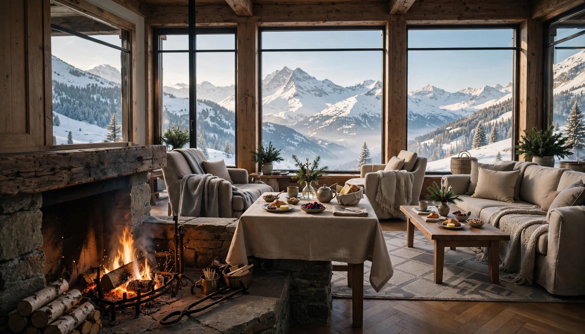 A cozy alpine hotel lounge with a lit fireplace and a breakfast table overlooking snowy peaks.
