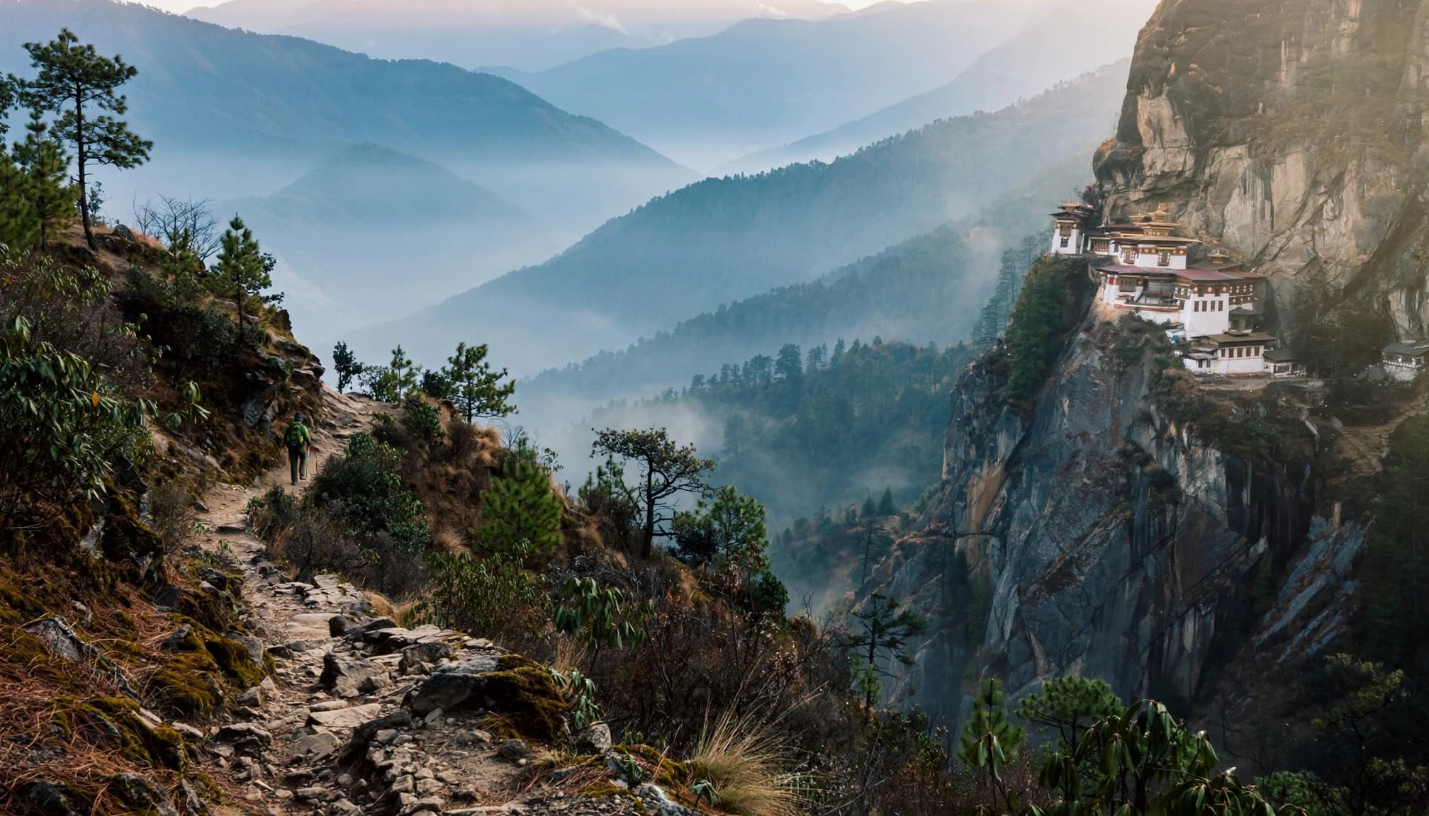 A monastery on a forested cliff above the valley, with a hiker on the trail.