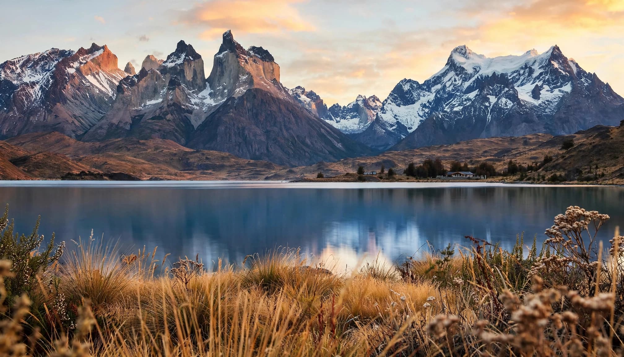 A sunrise landscape view of the Torres del Paine mountains across a serene blue lake with golden grass in the foreground.