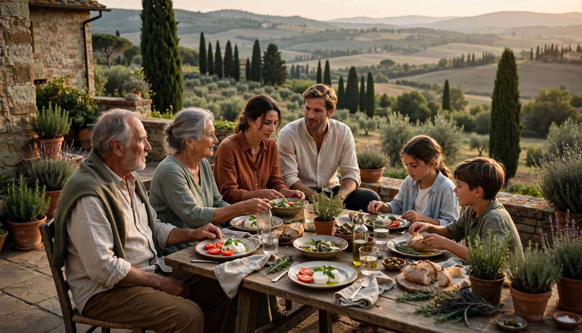 Six family members dine together on a terrace overlooking Tuscan hills.