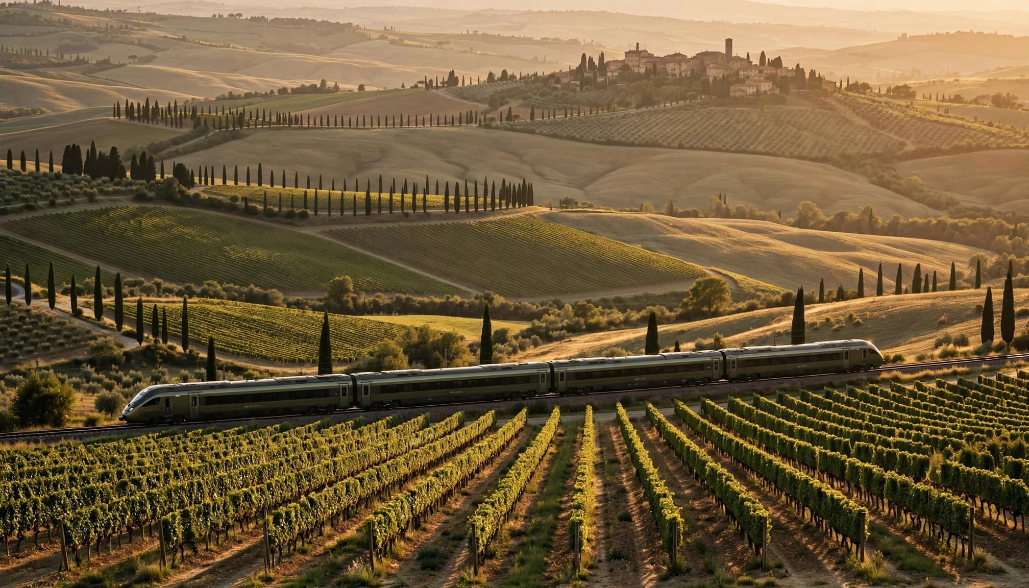 A modern train travels through a sunlit Tuscan landscape with rolling vineyards and hills.