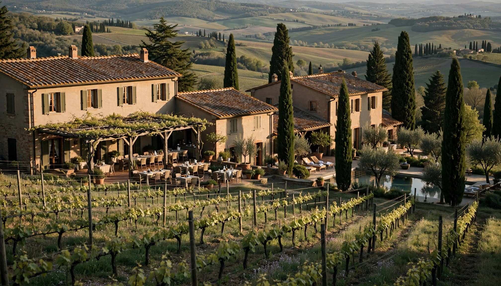 A scenic view of a Tuscan villa surrounded by vineyards, cypress trees, and rolling hills.