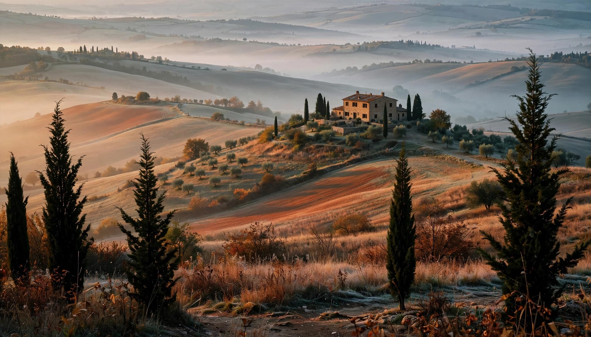 A hilltop stone villa in Val d'Orcia surrounded by rolling fields and cypress trees in autumn morning mist.