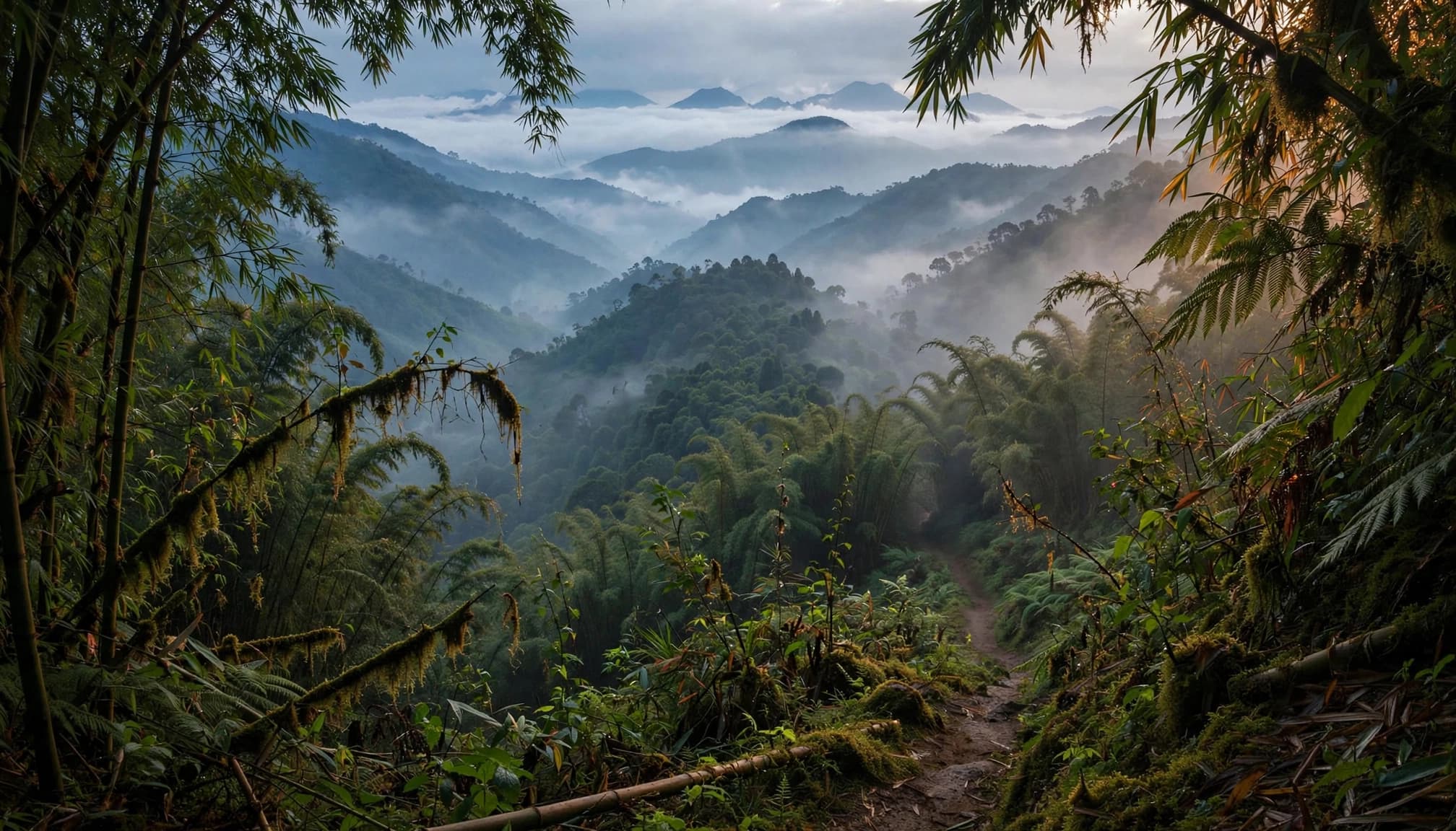 A misty view over lush green mountain ranges and valleys with a trail winding through the foreground forest.