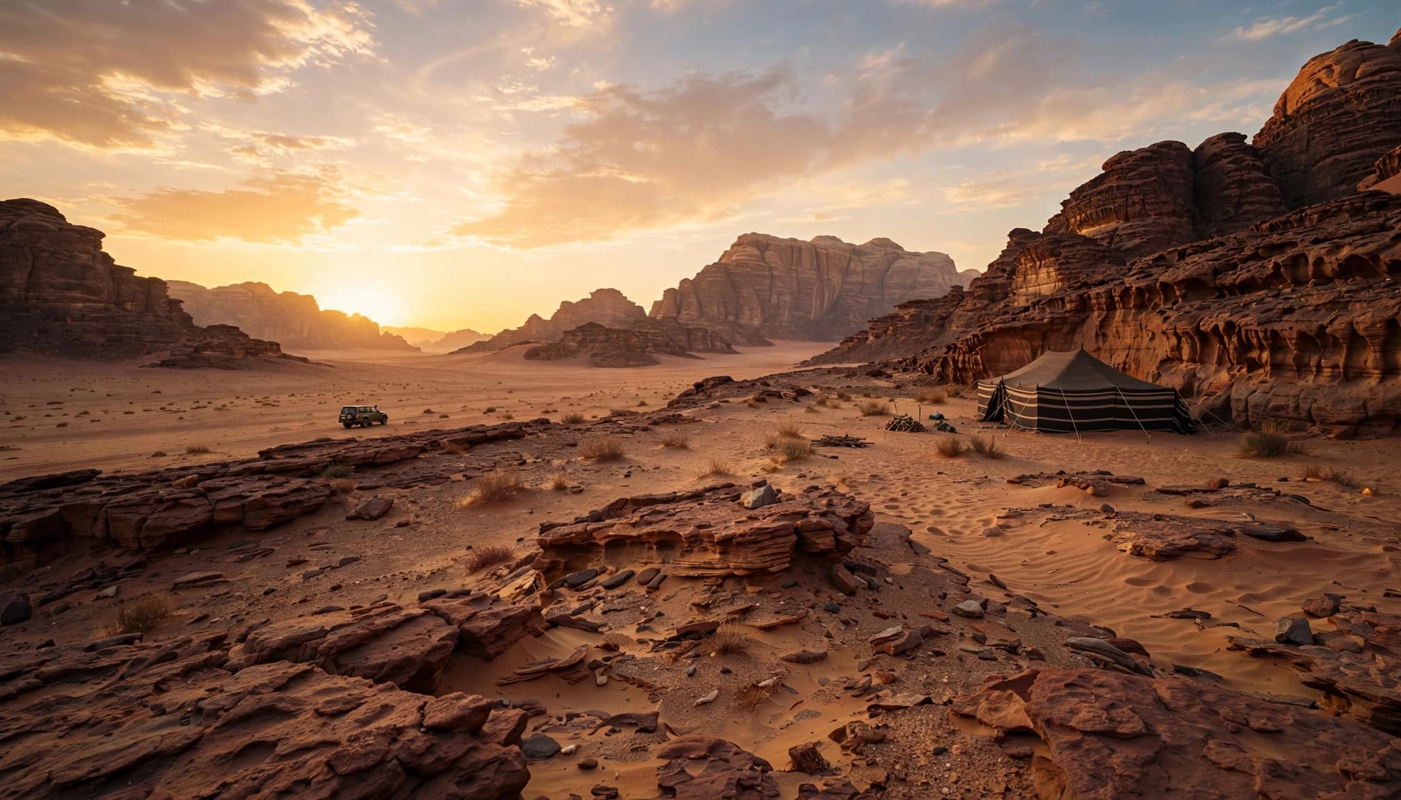 A Bedouin tent and a small 4x4 vehicle in a vast red sandstone desert at sunset.