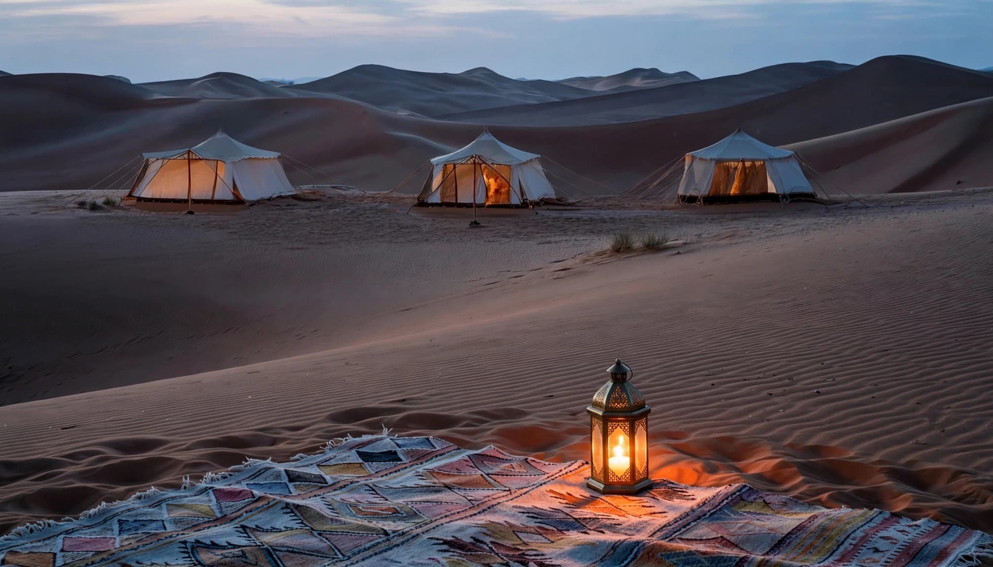 A glowing lantern on a rug faces canvas tents among amber dunes at twilight.